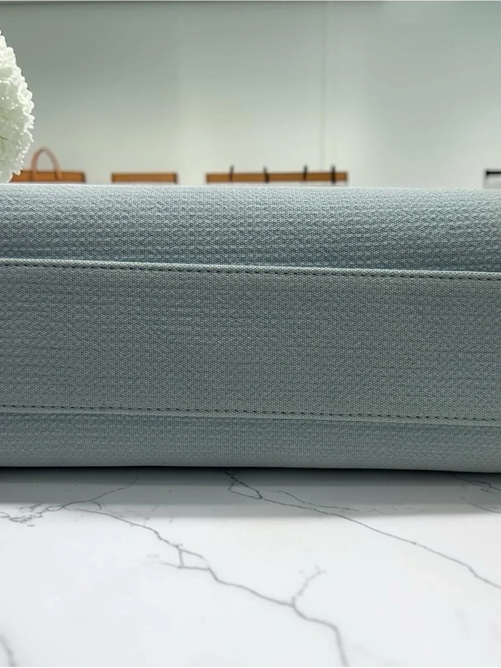 CHANEL Light Blue Canvas Tote with Chain-Strap Details